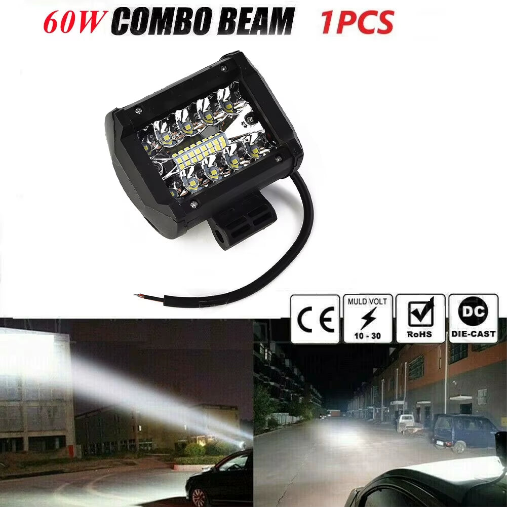 60W Car LED Work Light Ultra Bright 12V Headlight Fog Lamp Combo for SUV ATV Offroad Vehicles Trucks Boats Universal